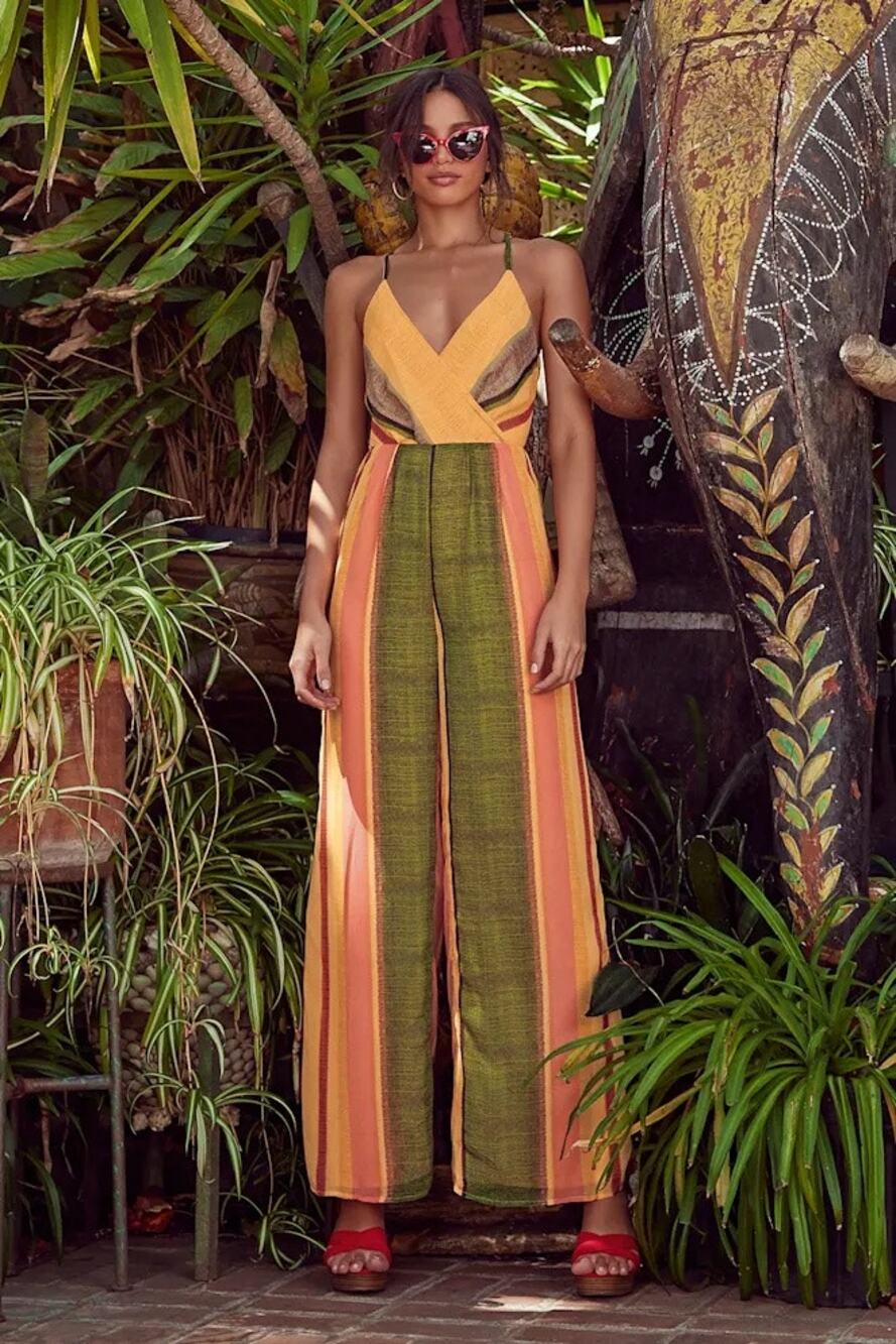 NWT Lulu’s Beach Club Golden Yellow Striped Wide-Leg Jumpsuit Size XL